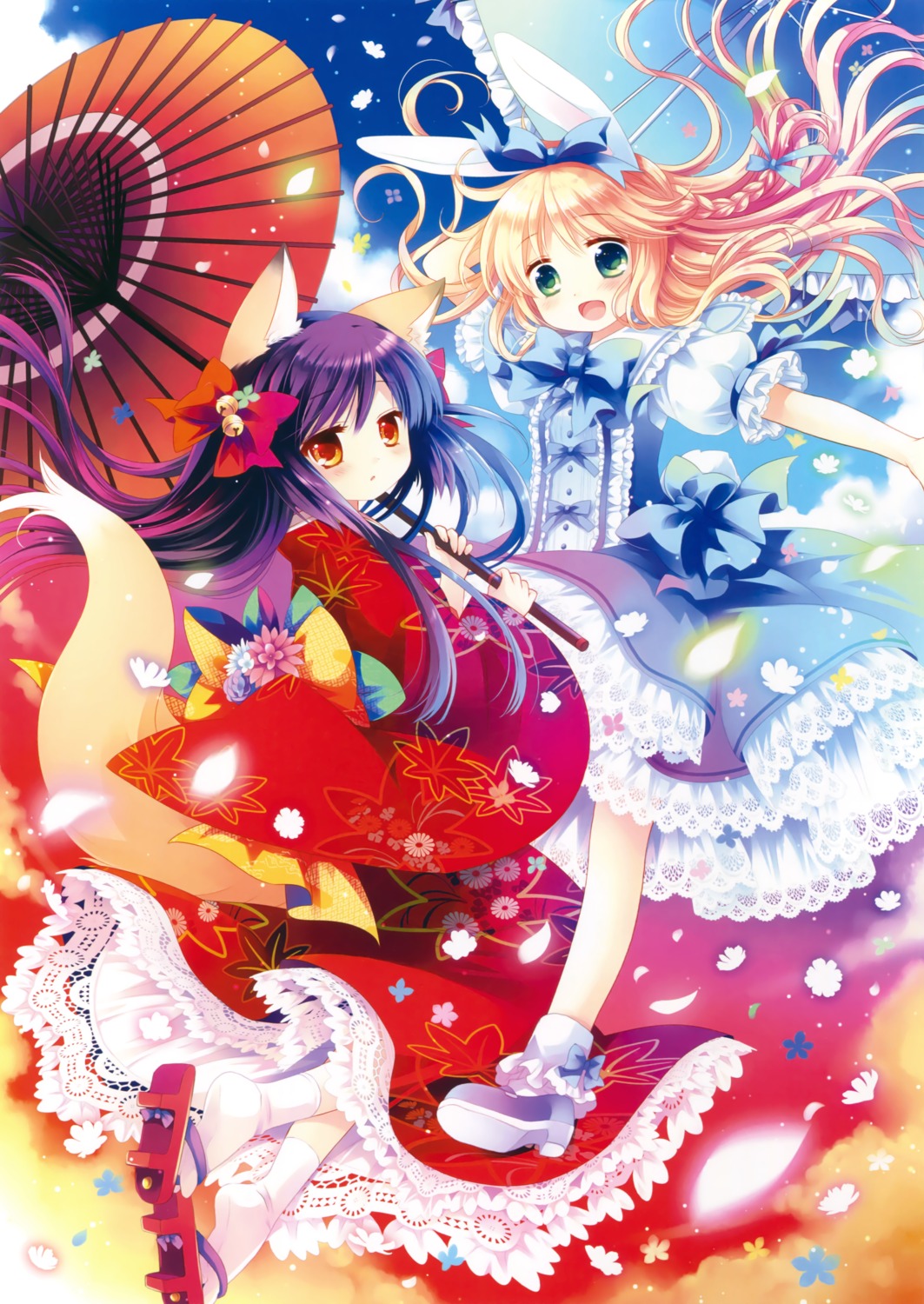 animal_ears, bunny_ears, dress, heels, kimono, sakurazawa_izumi, tail, umbrella
