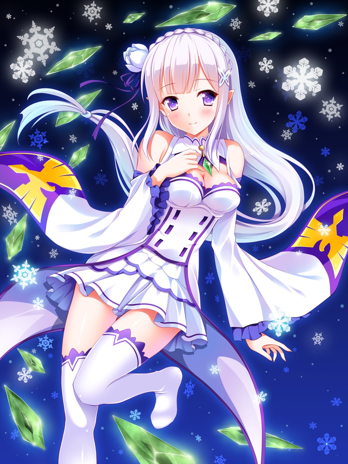 cleavage, elf, emilia_(re_zero), pointy_ears, re:zero_kara_hajimeru_isekai_seikatsu, thighhighs, yagami-all_hail_nanao