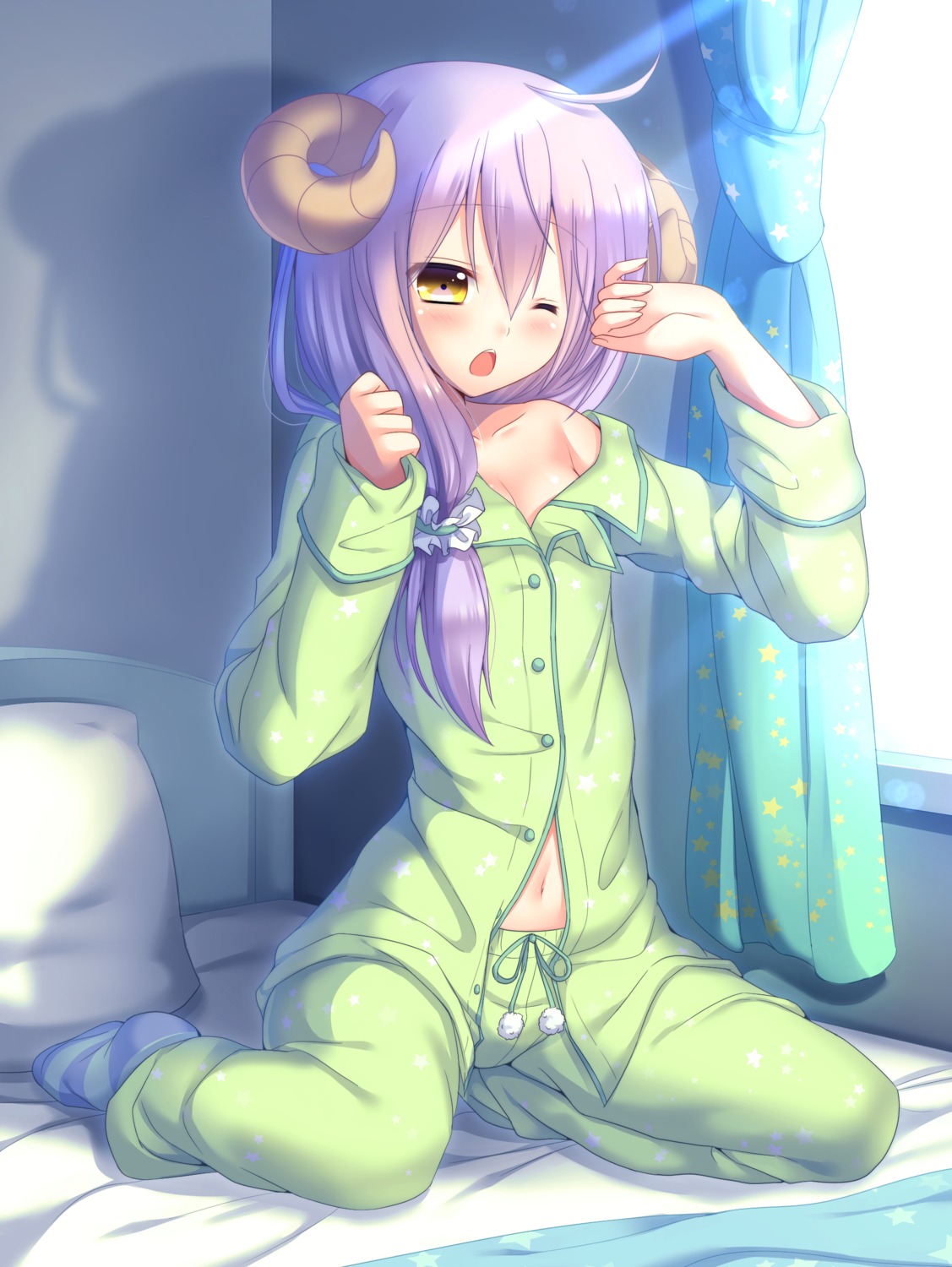 cleavage, horns, muraji0419, open_shirt, pajama