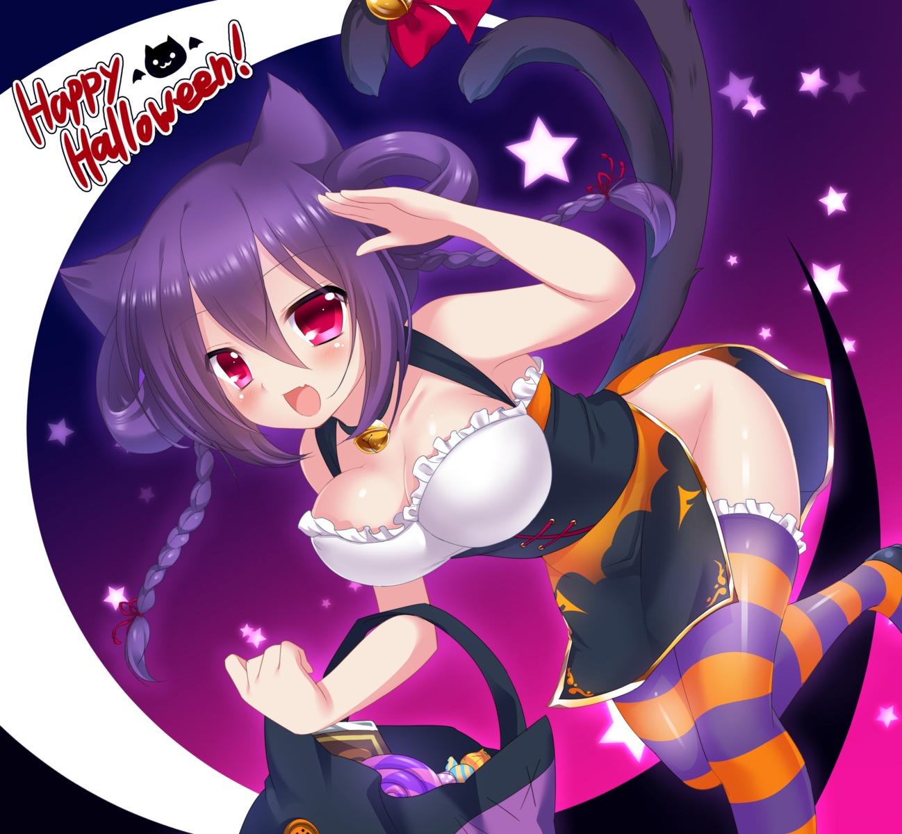 animal_ears, cleavage, erect_nipples, halloween, muraji0419, nekomimi, nopan, tail, thighhighs