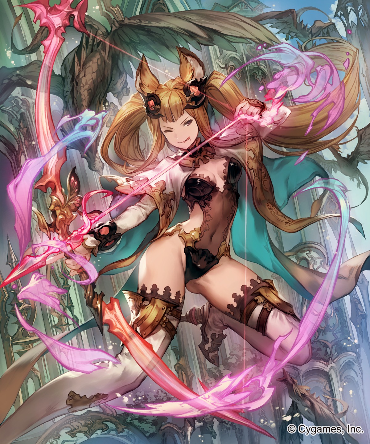 animal_ears, cleavage, granblue_fantasy, heels, lee_hyeseung, leotard, metera_(granblue_fantasy), no_bra, thighhighs, weapon