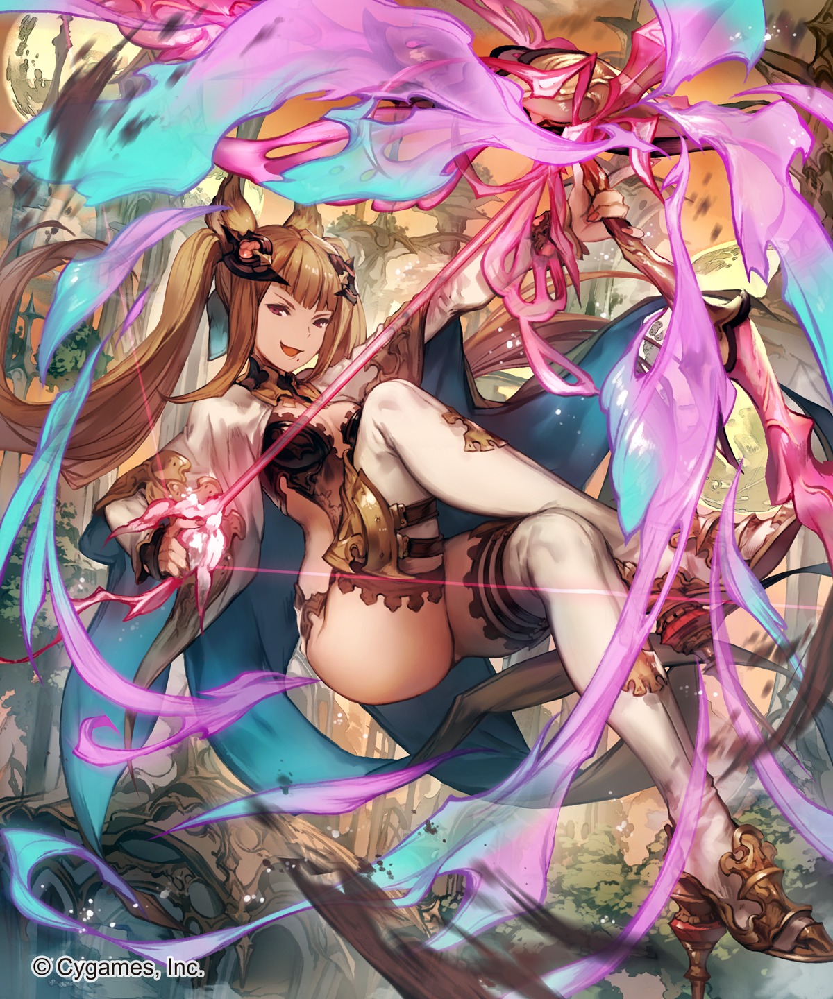 animal_ears, cleavage, granblue_fantasy, heels, lee_hyeseung, leotard, metera_(granblue_fantasy), no_bra, thighhighs, weapon