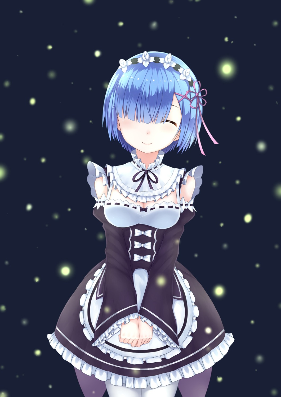 cleavage, maid, pantyhose, re:zero_kara_hajimeru_isekai_seikatsu, rem_(re_zero), rumaki