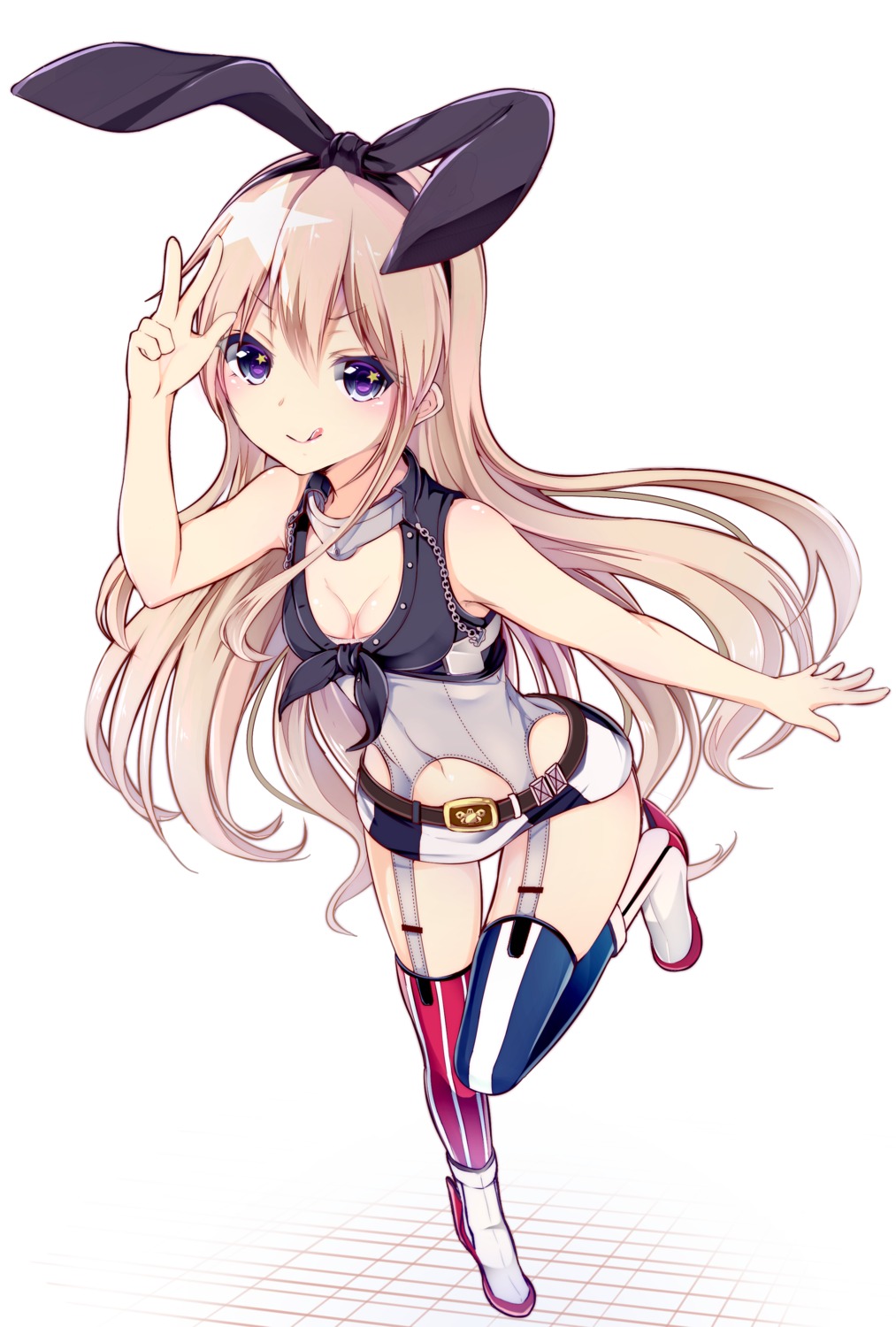 cleavage, cosplay, heels, iowa_(kancolle), kantai_collection, shimakaze_(kancolle), stockings, suitenjh, thighhighs