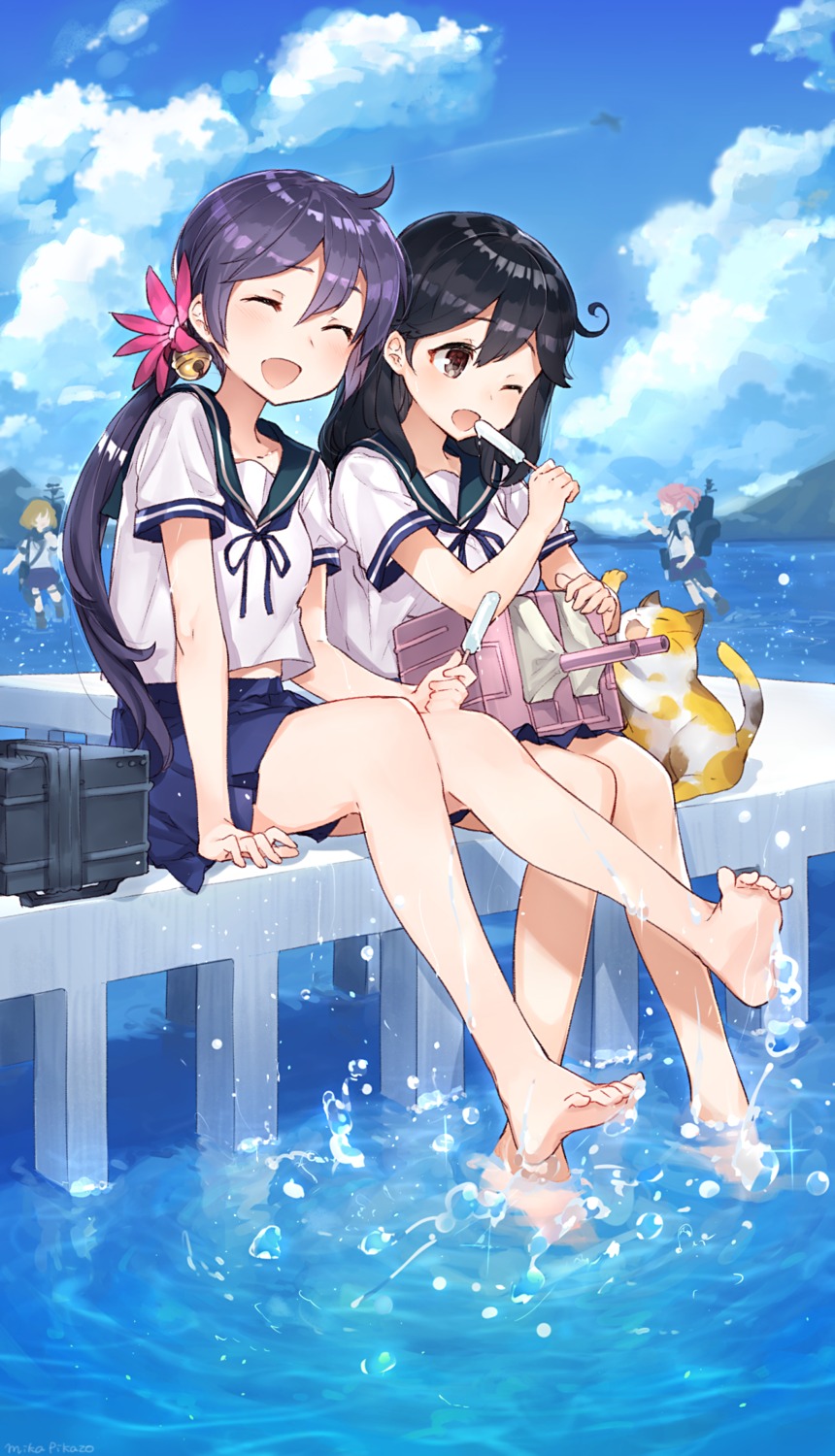 akebono_(kancolle), feet, kantai_collection, mika_pikazo, neko, oboro_(kancolle), sazanami_(kancolle), seifuku, ushio_(kancolle), wet