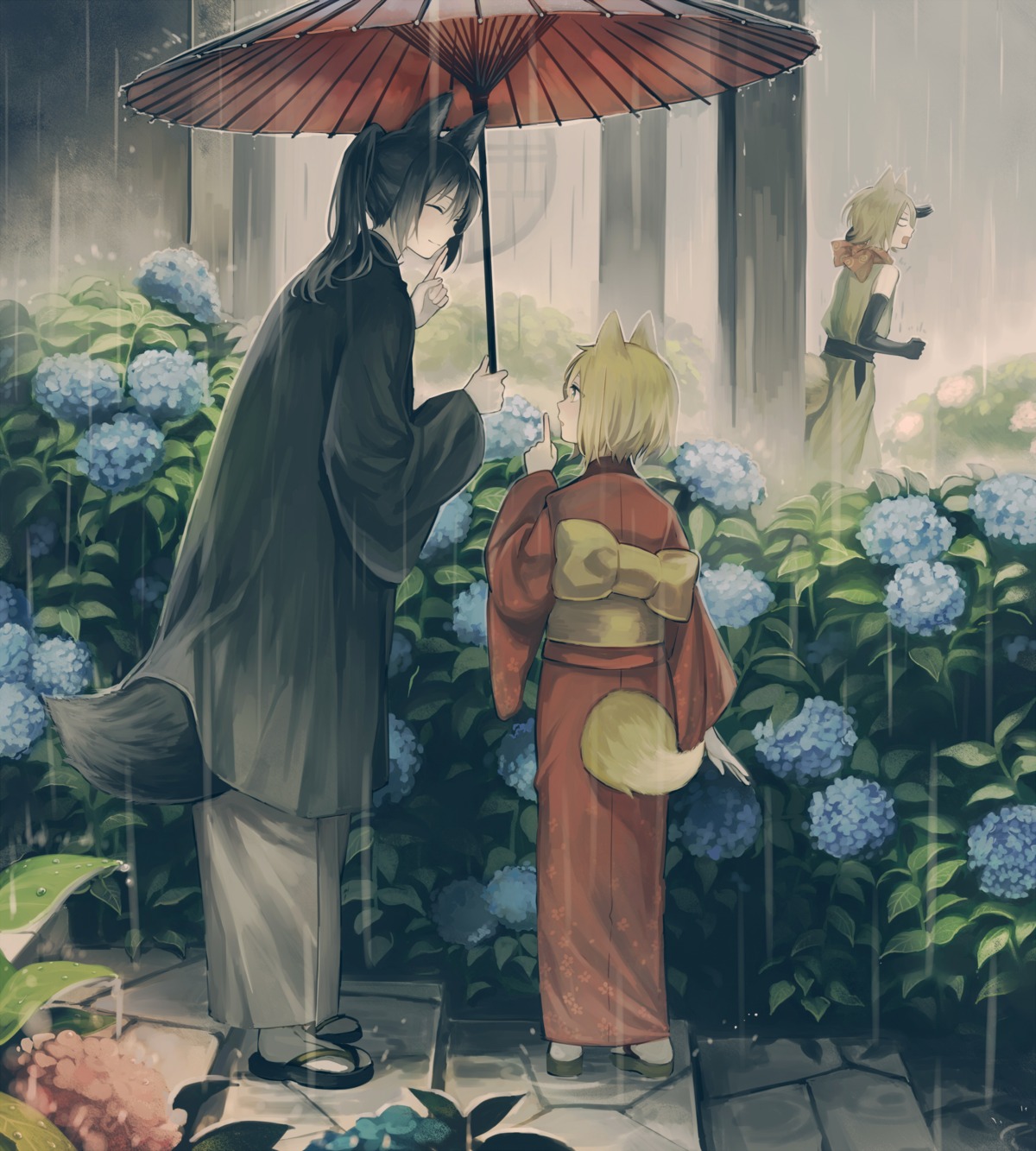 animal_ears, japanese_clothes, kitsune, tail, umbrella, yukata, yuzudaze