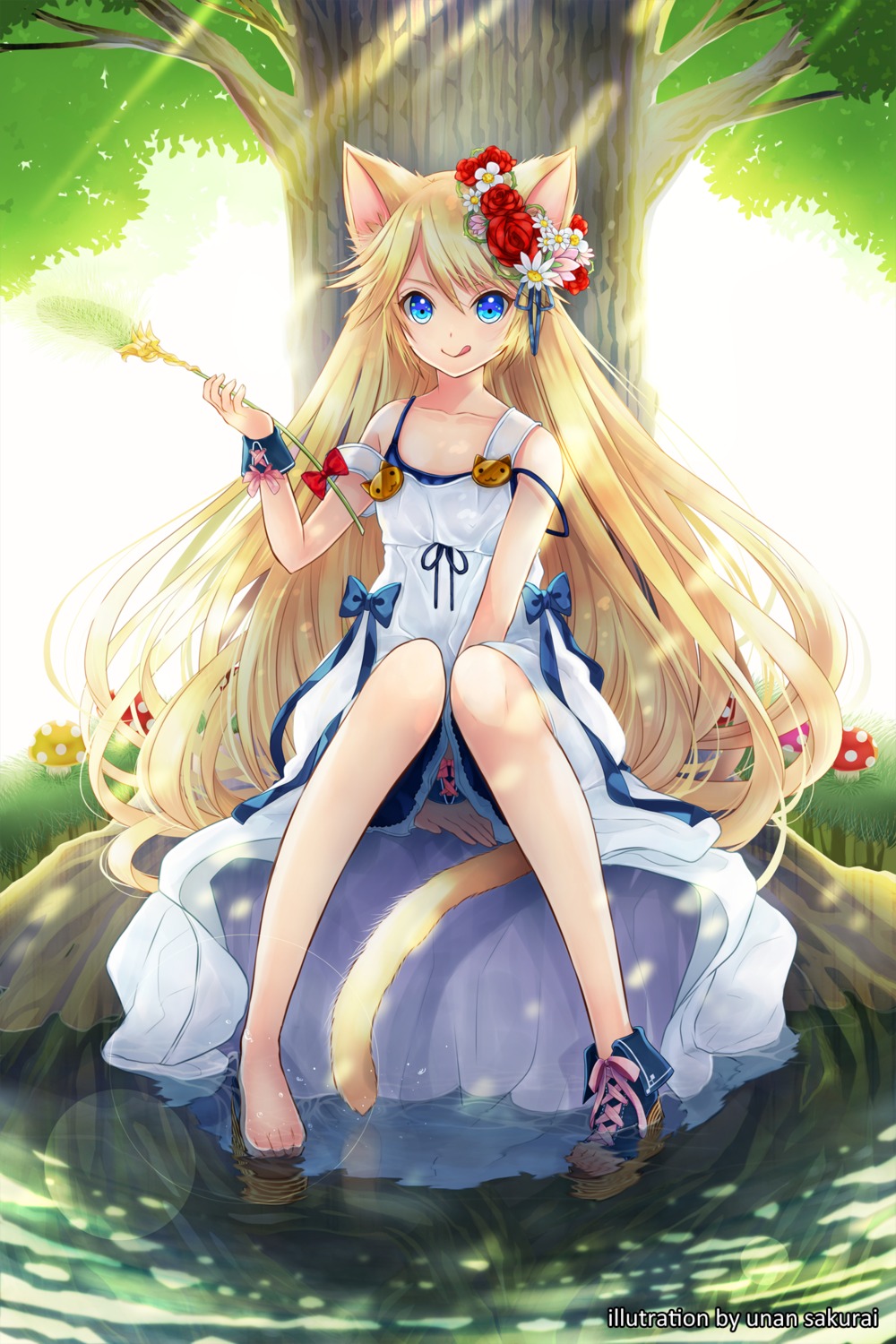 animal_ears, dress, nekomimi, sakurai_unan, tail, wet