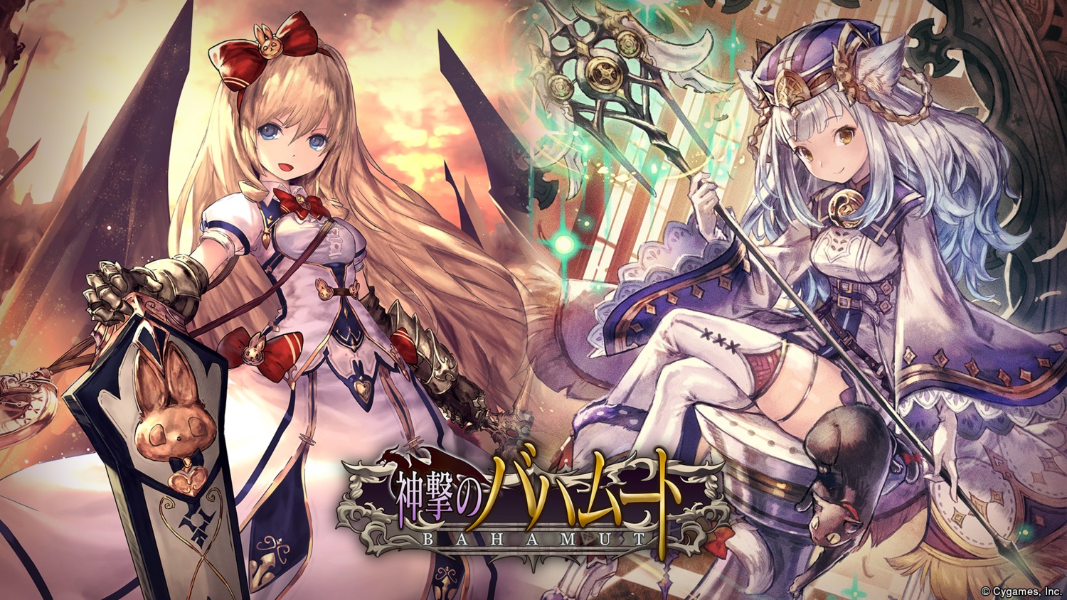 animal_ears, armor, dress, heels, mayoko, neko, nekomimi, shingeki_no_bahamut, tail, thighhighs, wallpaper, weapon