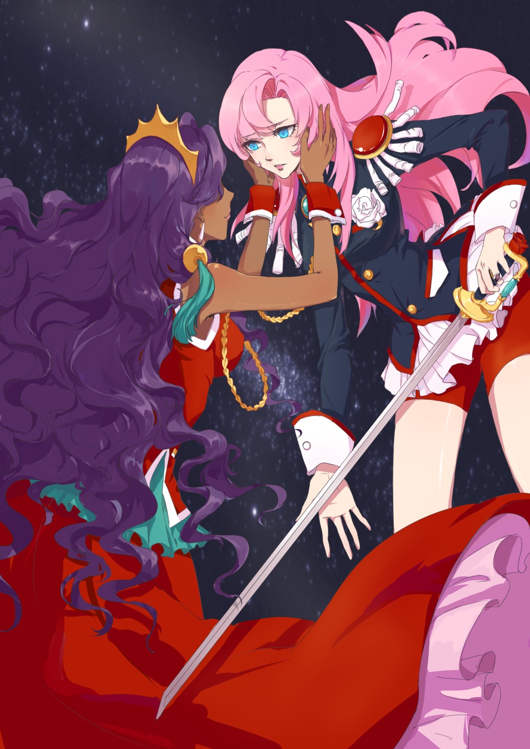 bike_shorts, dress, himemiya_anthy, revolutionary_girl_utena, sword, tenjou_utena, yolk_tomatosauce, yuri