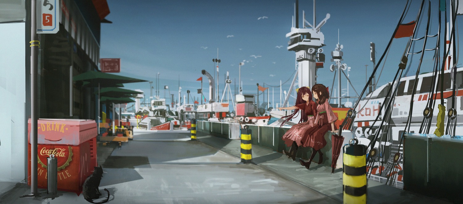 harukaze_(kancolle), heels, japanese_clothes, kamikaze_(kancolle), kantai_collection, landscape, neko, novelance