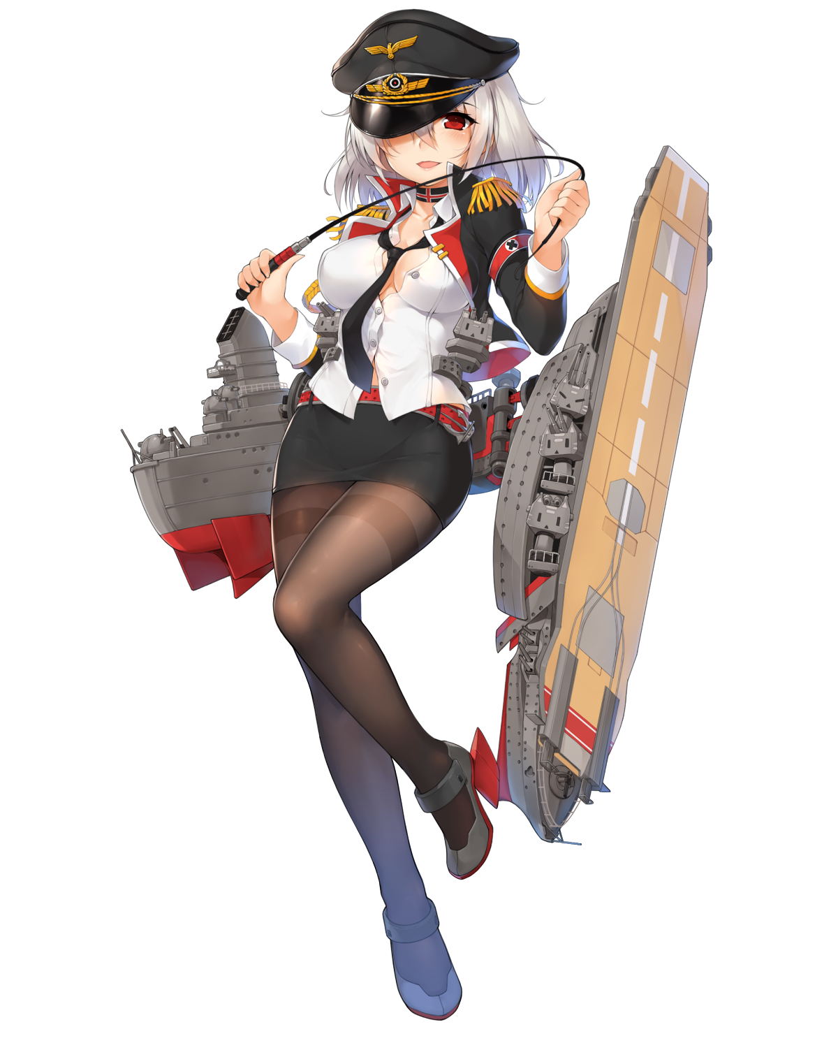 cleavage, graf_zeppelin_(zhanjianshaonv), heels, no_bra, open_shirt, pantyhose, suika01, uniform