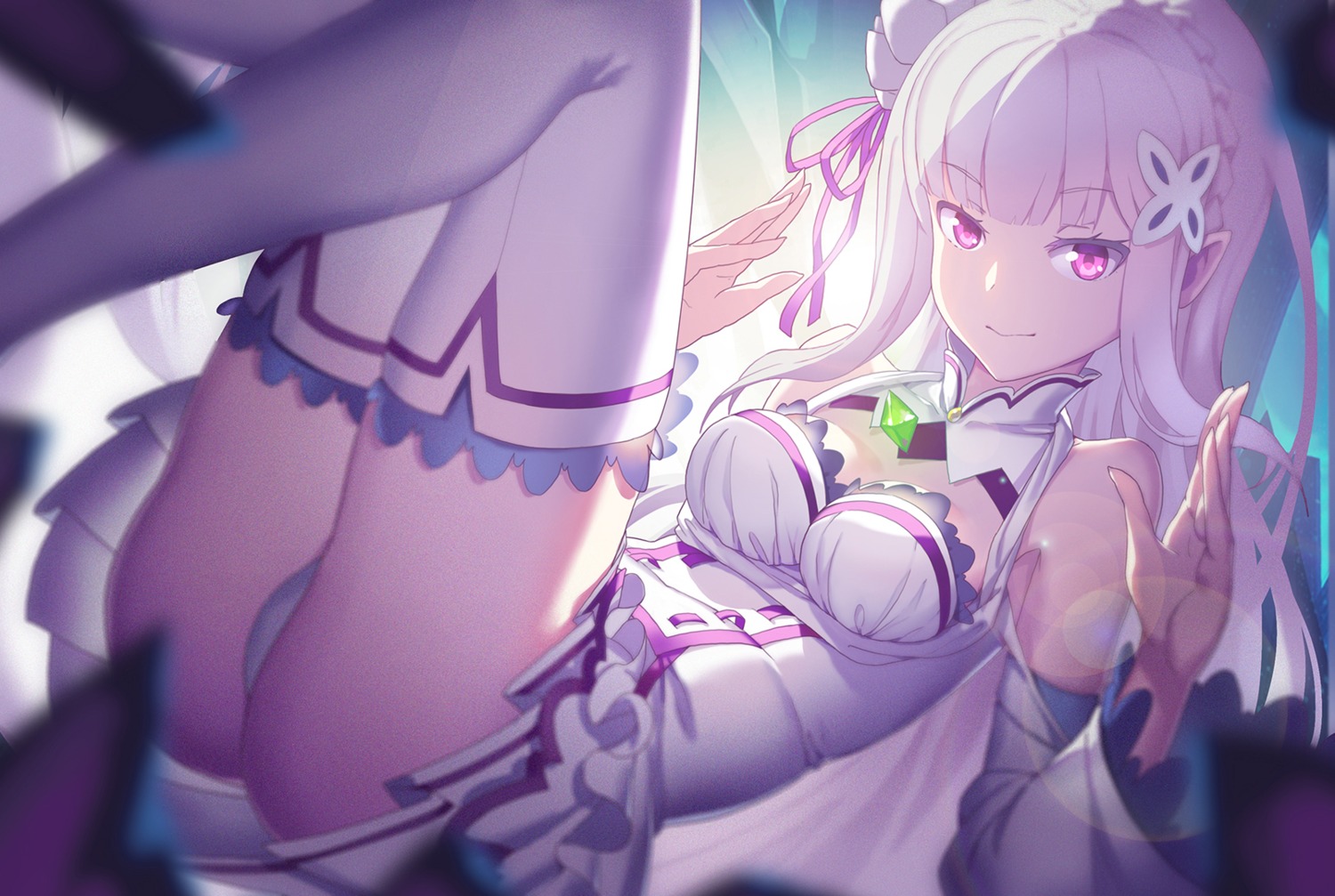 cleavage, elf, emilia_(re_zero), madyy, pantsu, pointy_ears, re:zero_kara_hajimeru_isekai_seikatsu, thighhighs