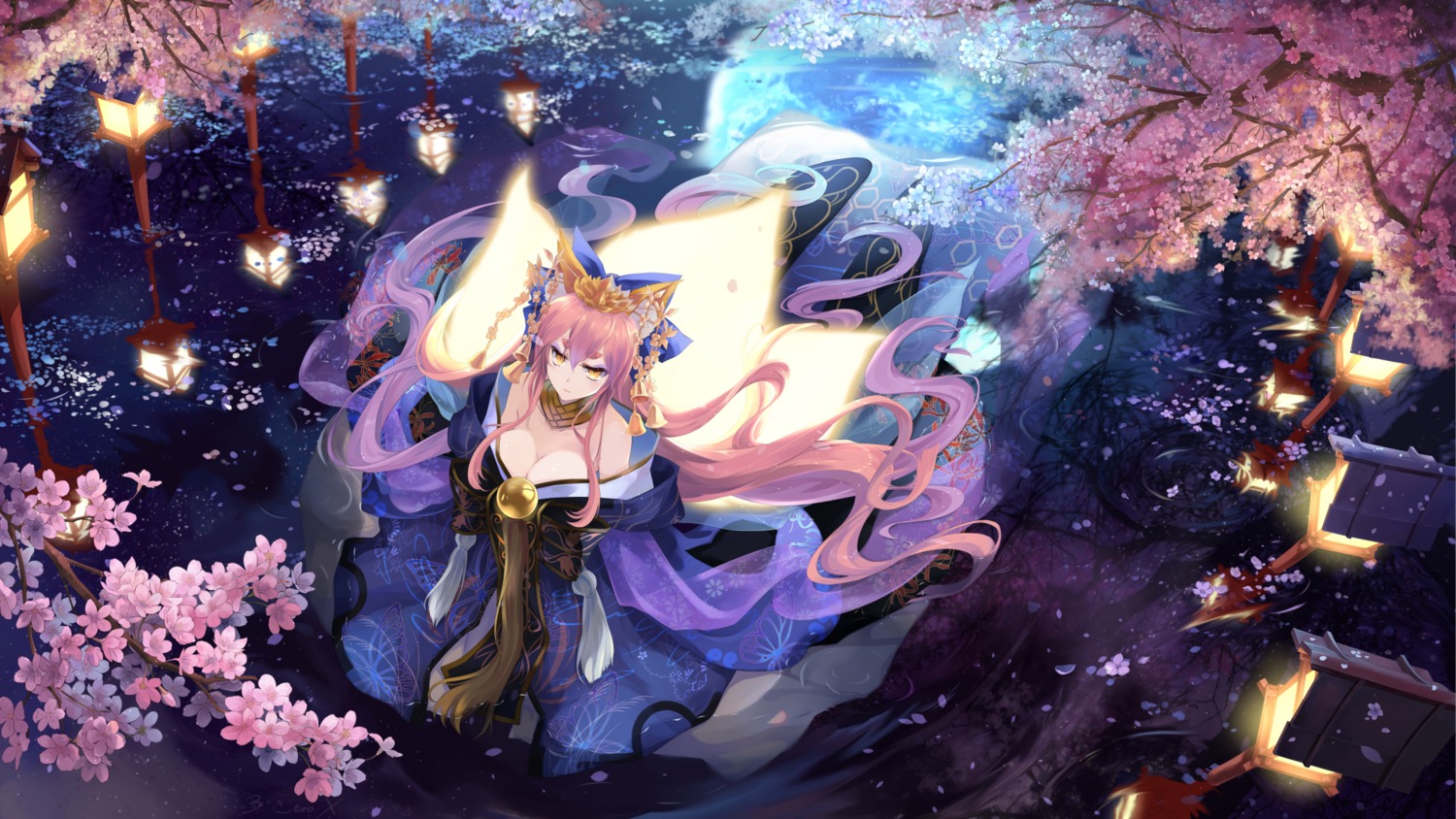 animal_ears, bzerox, cleavage, fate/extra, fate/stay_night, japanese_clothes, kitsune, tail