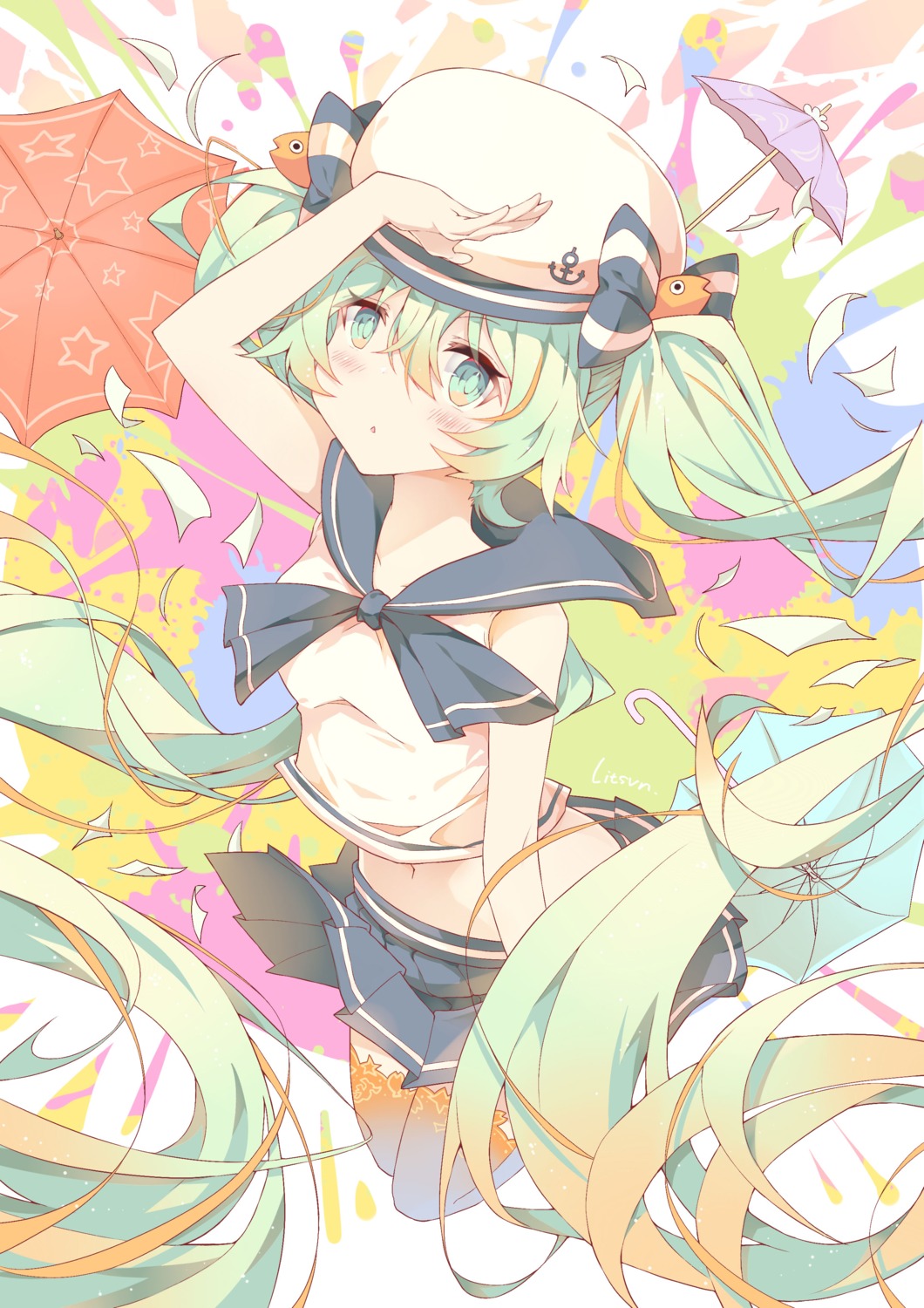 hatsune_miku, litsvn, seifuku, thighhighs, umbrella, vocaloid