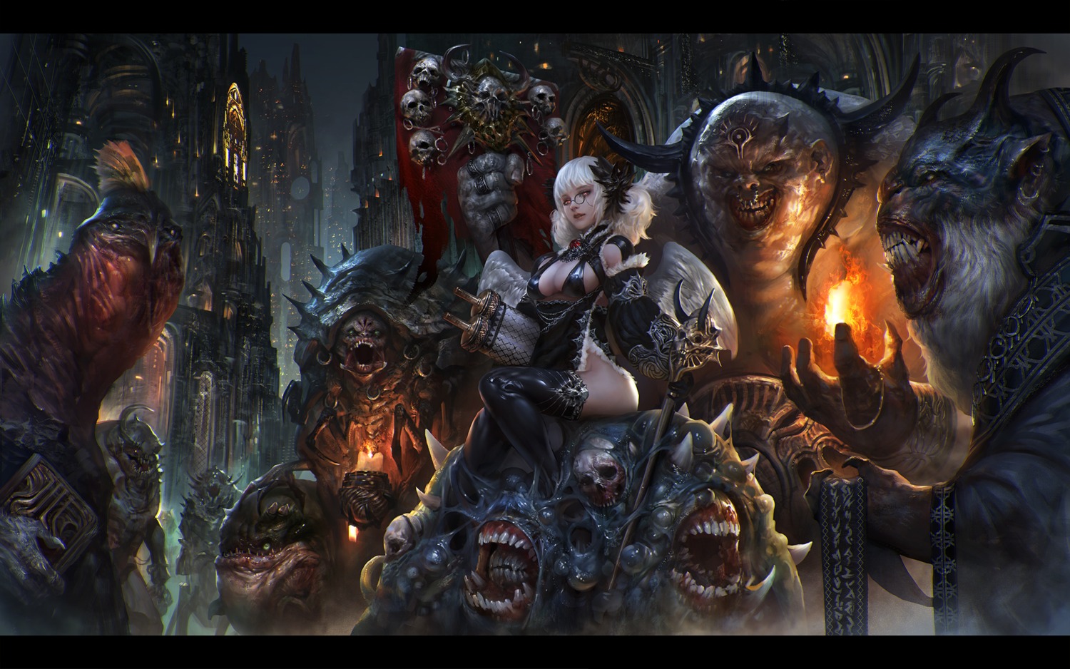 bacius9, bikini_top, cleavage, megane, monster, nopan, swimsuits, thighhighs, wallpaper, weapon, wings