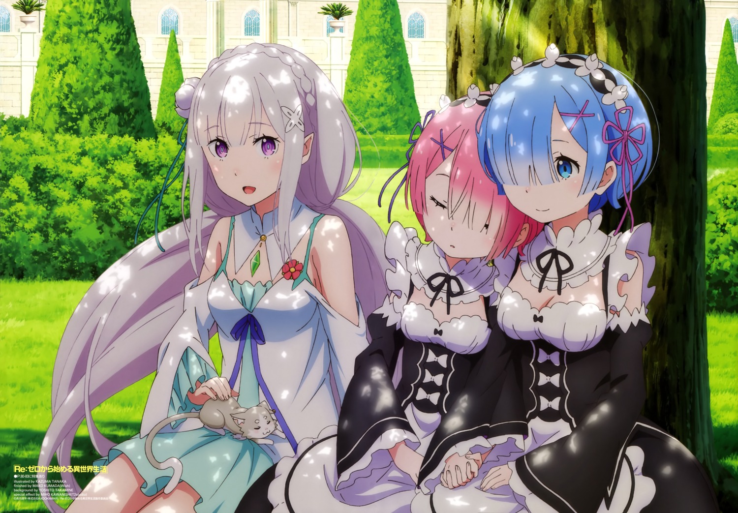 cleavage, elf, emilia_(re_zero), maid, neko, pack_(re_zero), pointy_ears, ram_(re_zero), re:zero_kara_hajimeru_isekai_seikatsu, rem_(re_zero), tanaka_kazuma