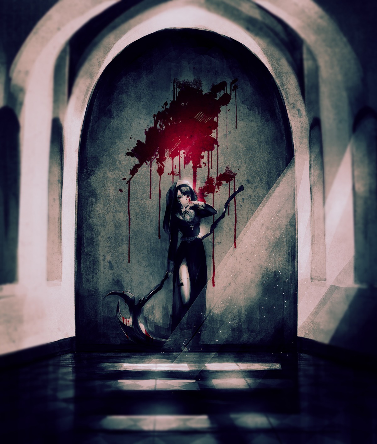 blood, nun, thighhighs, weapon, yumeno_yume