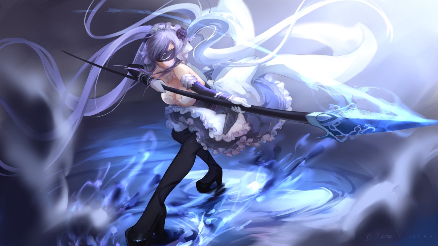 bzerox, cleavage, dress, heels, maid, pantyhose, wallpaper, weapon