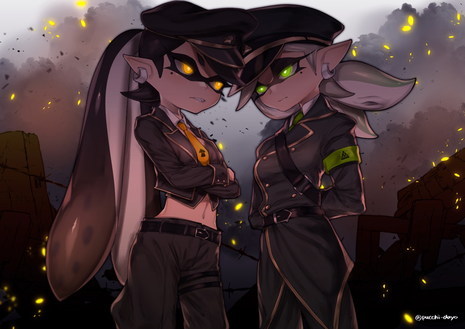 aori_(splatoon), hotaru_(splatoon), pointy_ears, puchiman, splatoon, uniform