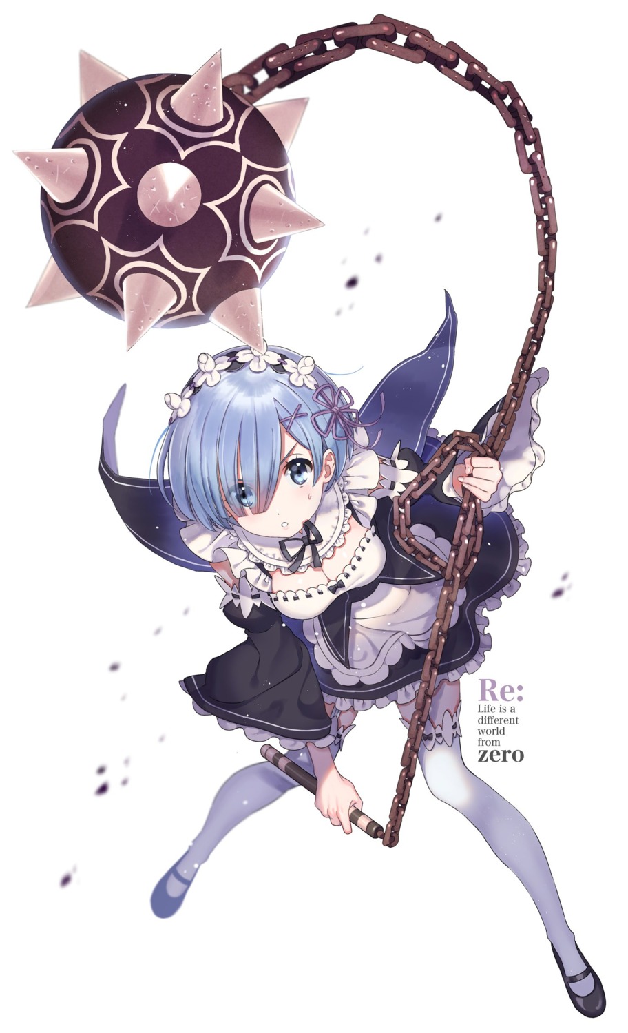 cleavage, maid, re:zero_kara_hajimeru_isekai_seikatsu, rem_(re_zero), shirakino, stockings, thighhighs, weapon