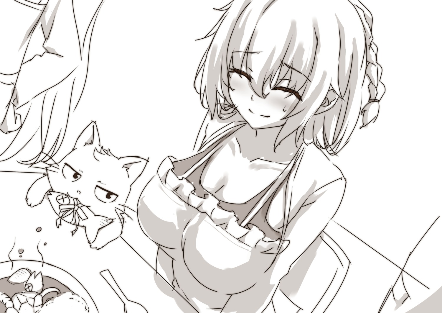 cleavage, harukaze-soft, monochrome, neko, nora_to_oujo_to_noraneko_heart_-nora_princess_and_stray_cat.-, oozora_itsuki, sketch, yuri_shachi