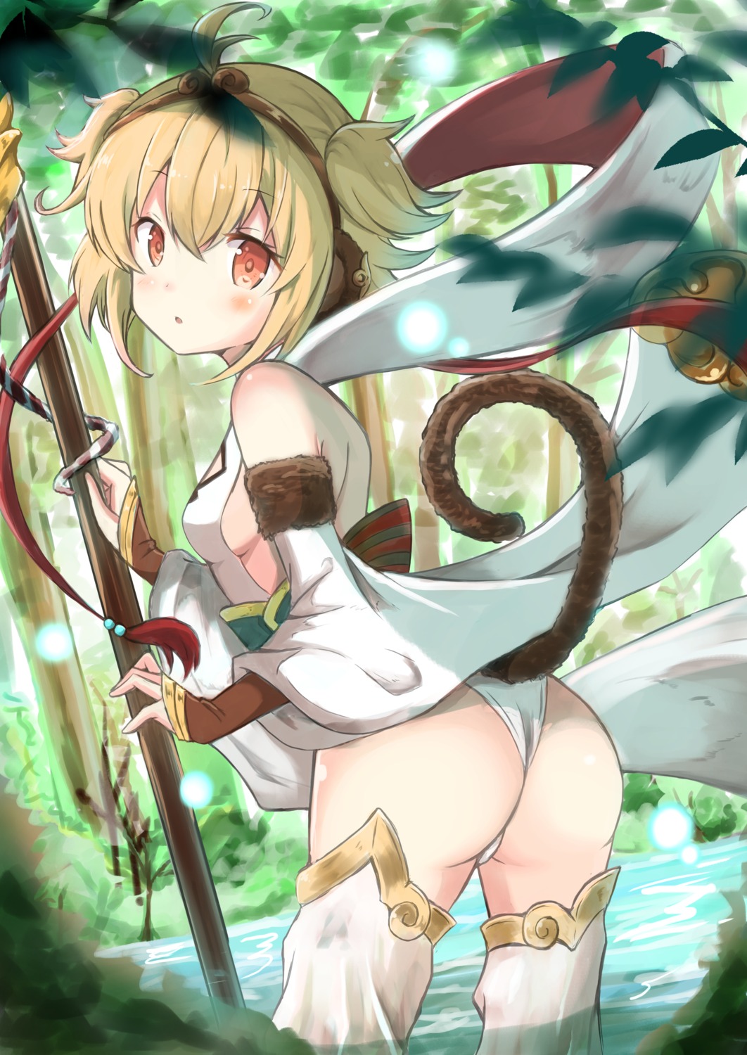 andira_(granblue_fantasy), animal_ears, ass, granblue_fantasy, no_bra, pantsu, shibakame, tail, thighhighs, weapon, wet