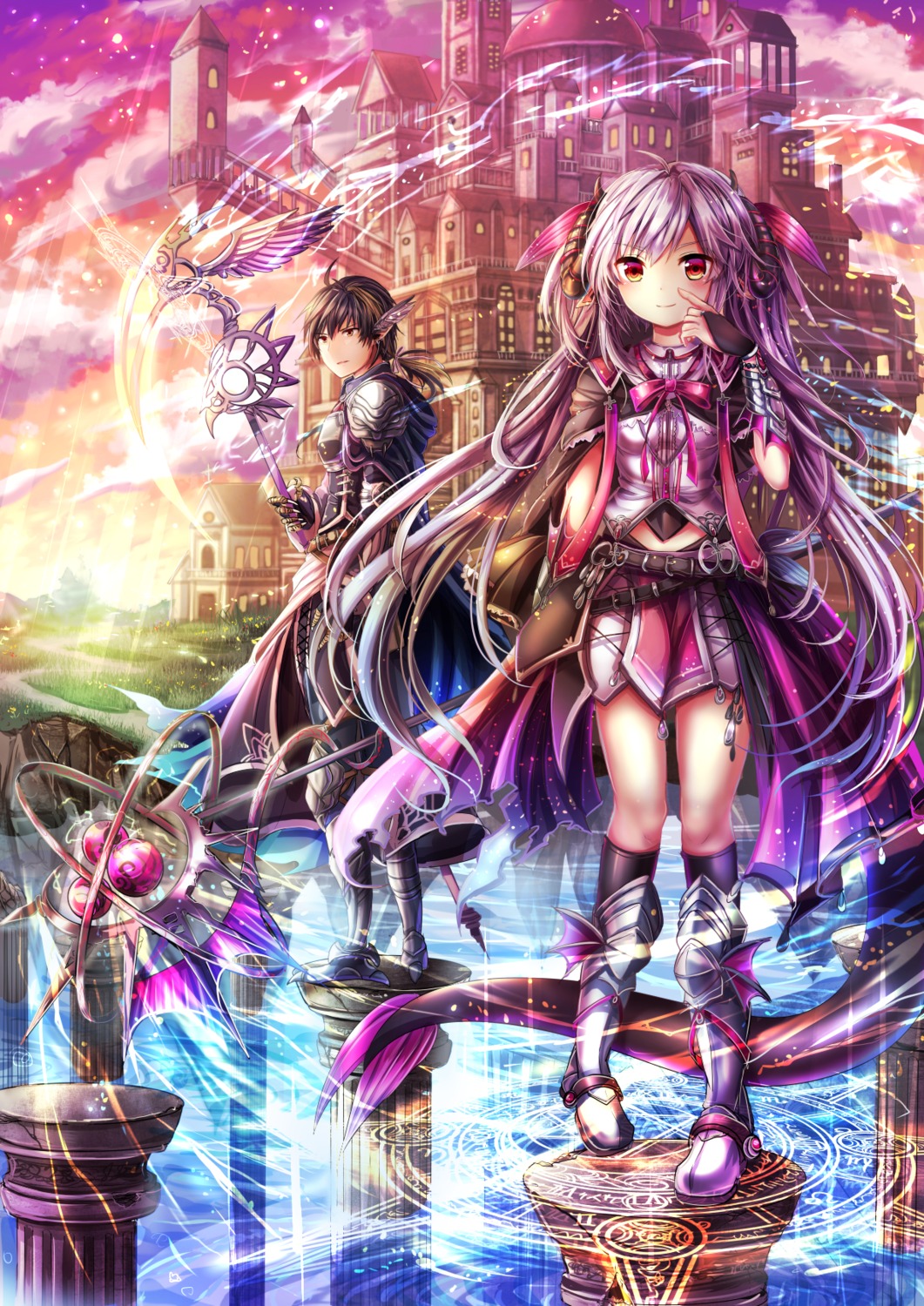 animal_ears, armor, horns, rudia, tail, weapon