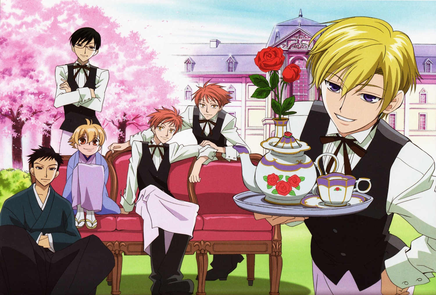 haninozuka_mitsukuni, hitachiin_hikaru, hitachiin_kaoru, male, morinozuka_takashi, ootori_kyouya, ouran_high_school_host_club, suou_tamaki