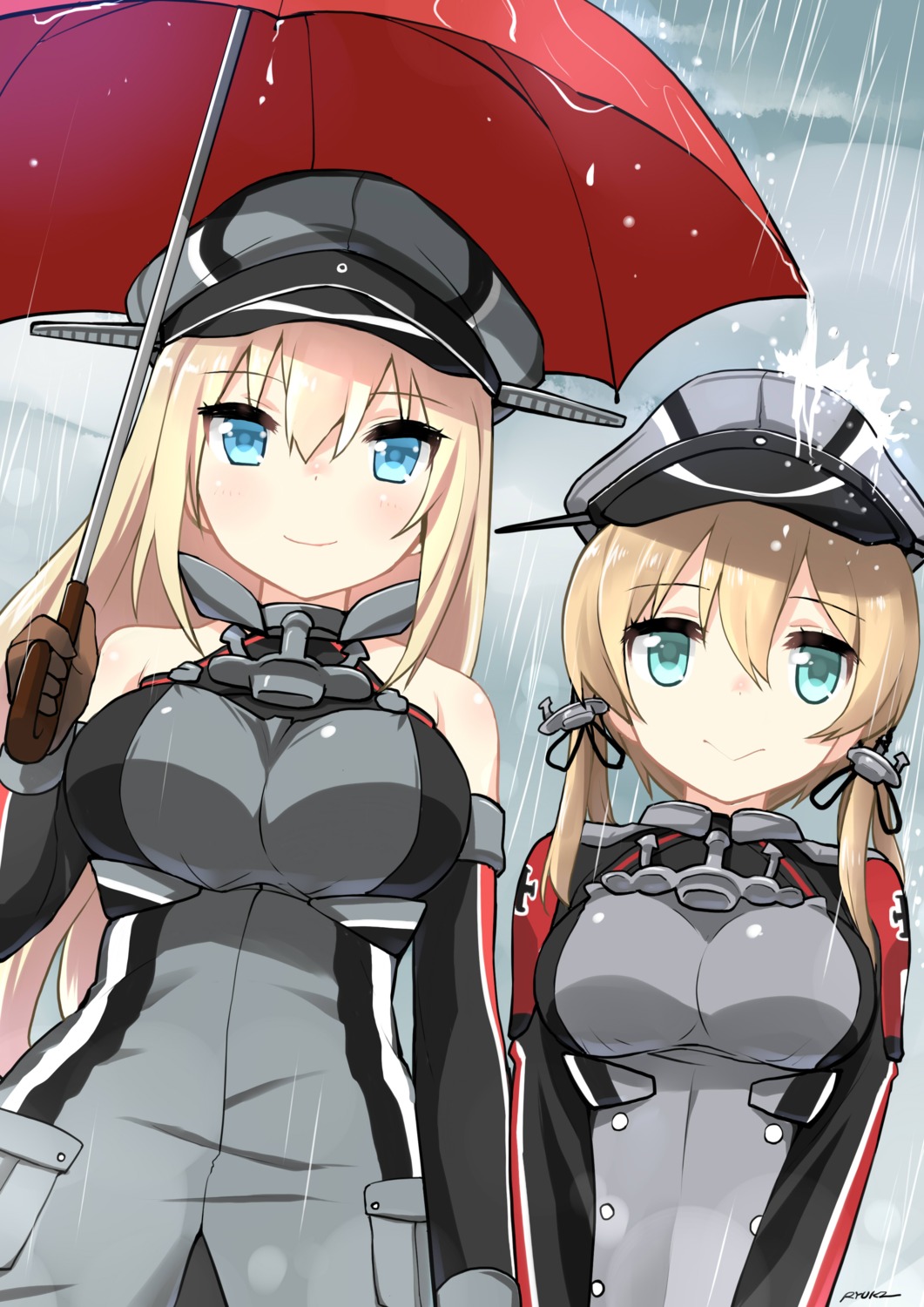 bismarck_(kancolle), kantai_collection, prinz_eugen_(kancolle), ryuki_(pixiv_2328), umbrella, uniform, wet