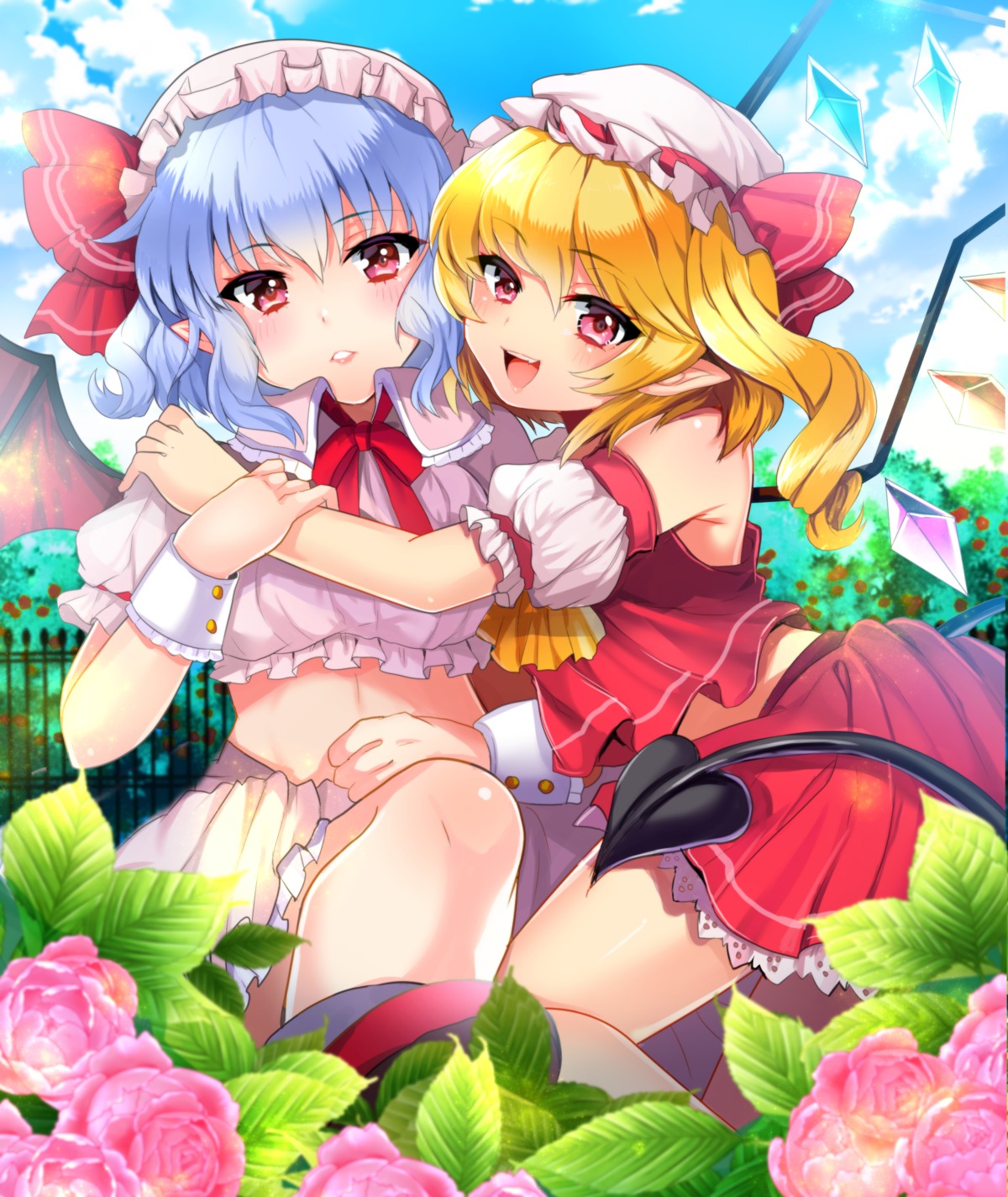 flandre_scarlet, remilia_scarlet, tail, touhou, uzura_(moimoi), wings