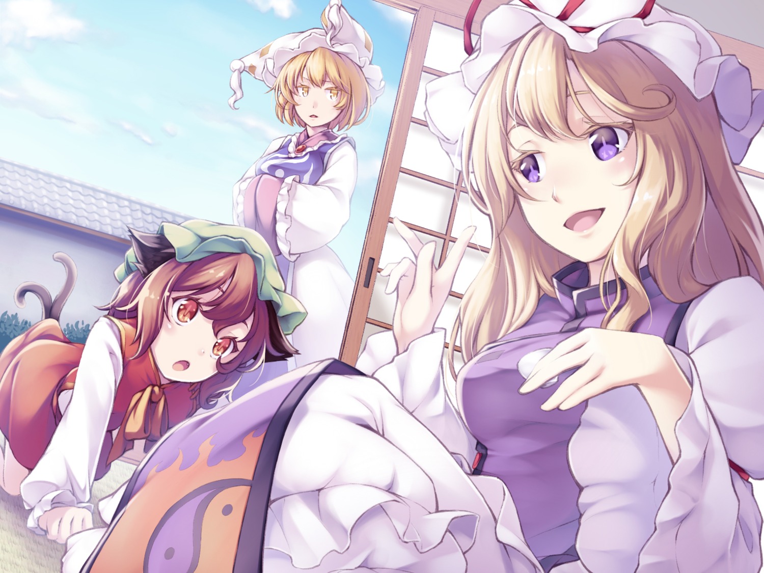 animal_ears, chen, midorino_eni, tail, touhou, wallpaper, yakumo_ran, yakumo_yukari
