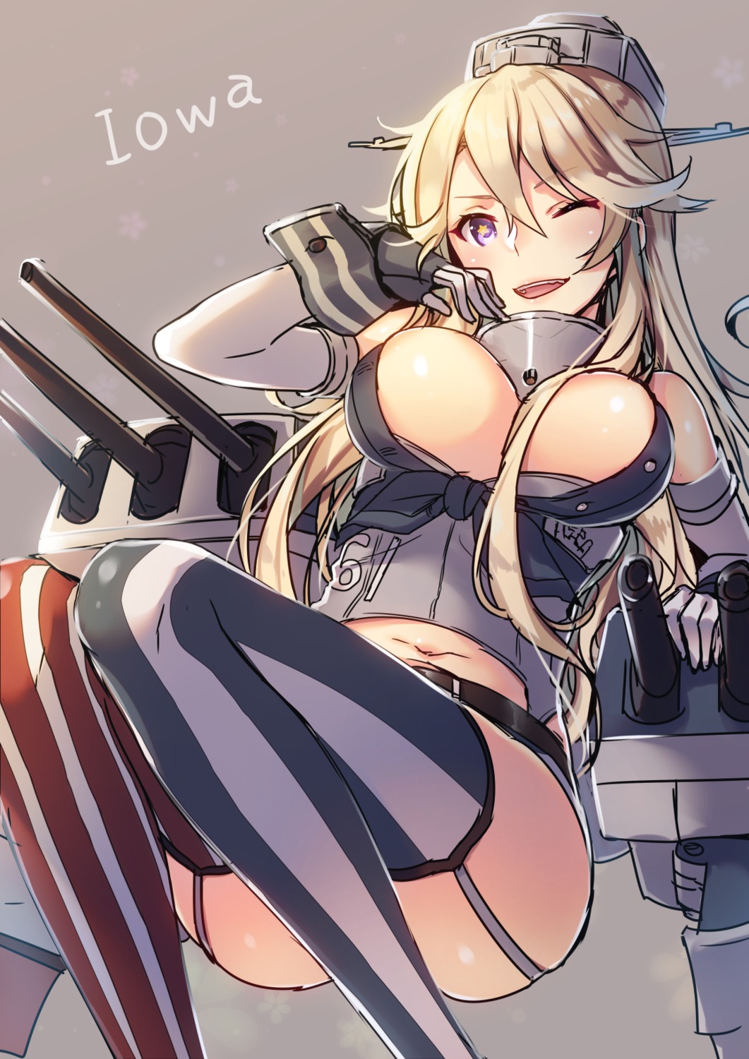 cleavage, iowa_(kancolle), kantai_collection, no_bra, open_shirt, stockings, tahya, thighhighs