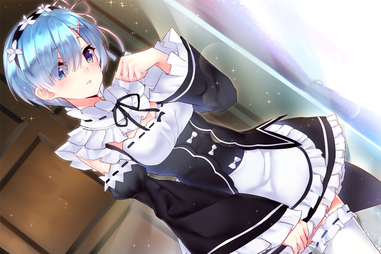 cleavage, jun_project, maid, re:zero_kara_hajimeru_isekai_seikatsu, rem_(re_zero), stockings, thighhighs