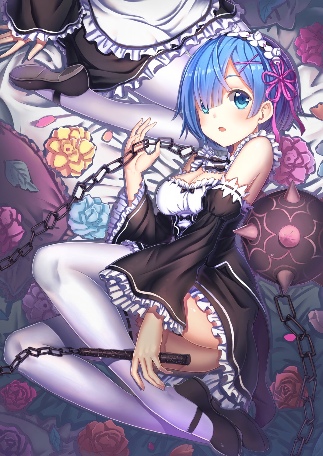 ass, chunrijun_(springer), cleavage, maid, nopan, re:zero_kara_hajimeru_isekai_seikatsu, rem_(re_zero), thighhighs, weapon
