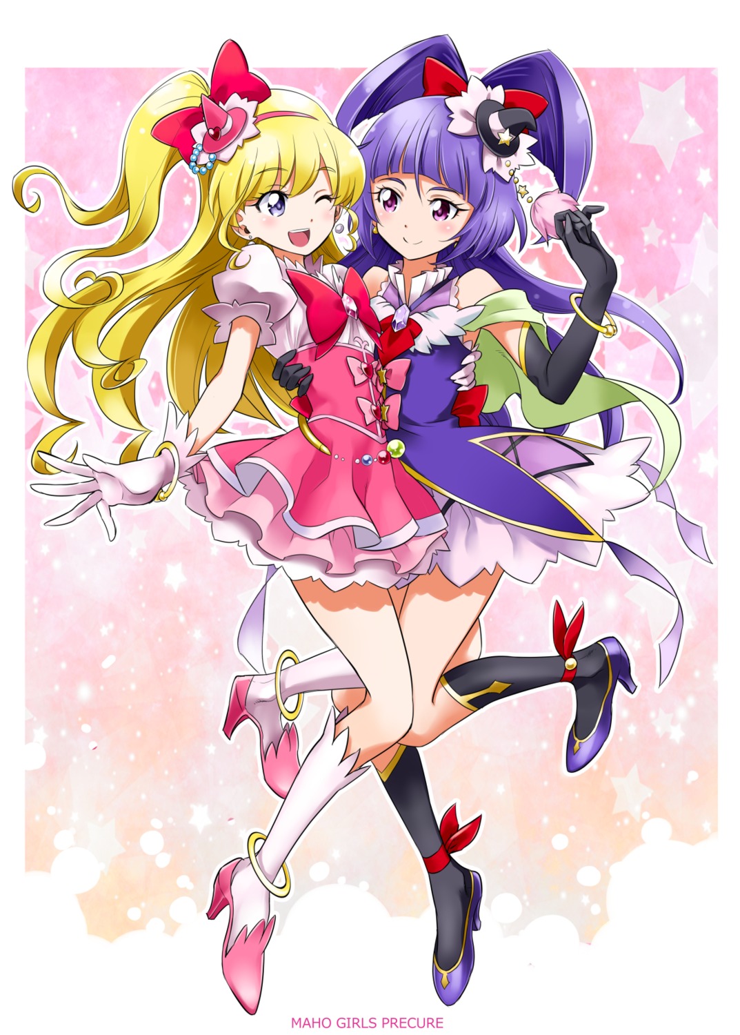 asahina_mirai, dress, heels, izayoi_riko, kurose_kousuke, mahoutsukai_precure!, precure, symmetrical_docking, witch