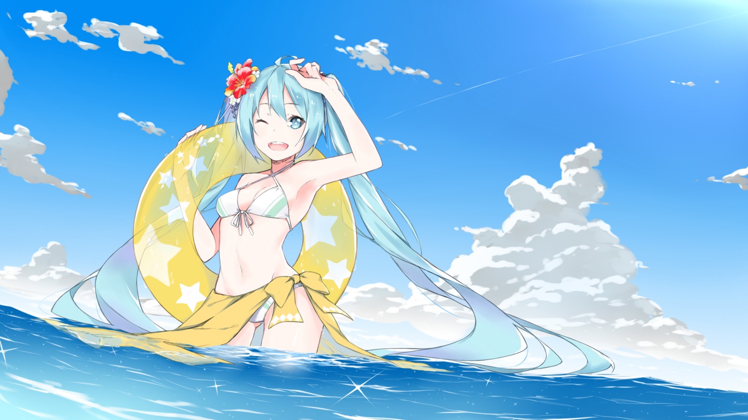 bikini, cleavage, fhang, hatsune_miku, swimsuits, vocaloid, wallpaper, wet