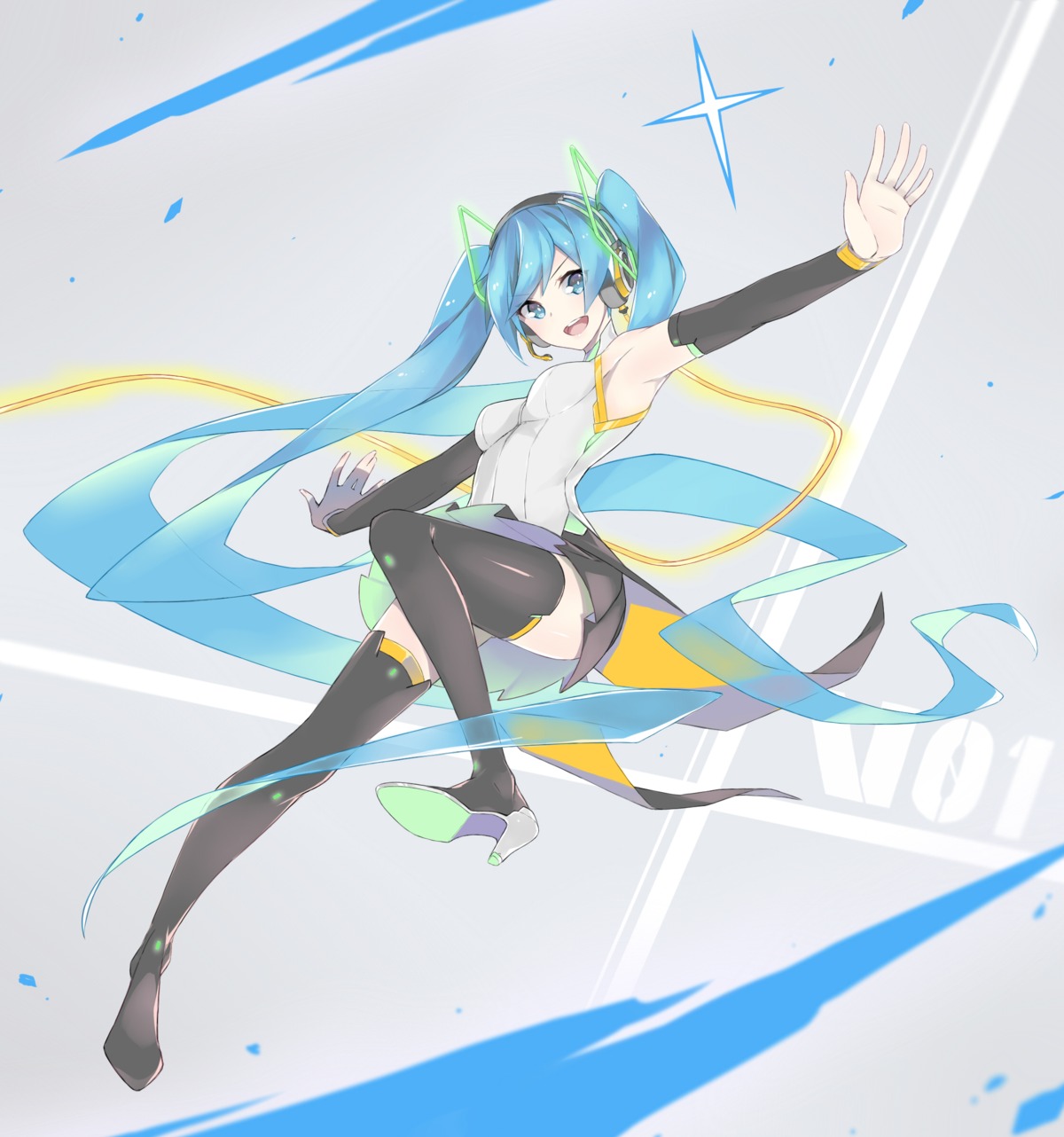 fhang, hatsune_miku, headphones, heels, thighhighs, vocaloid