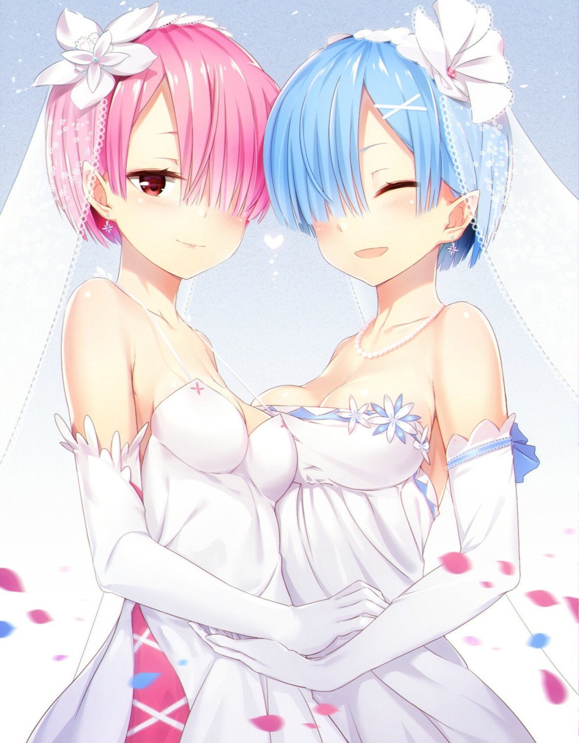 cleavage, dress, no_bra, pointy_ears, ram_(re_zero), re:zero_kara_hajimeru_isekai_seikatsu, rem_(re_zero), ring_(1079882045)