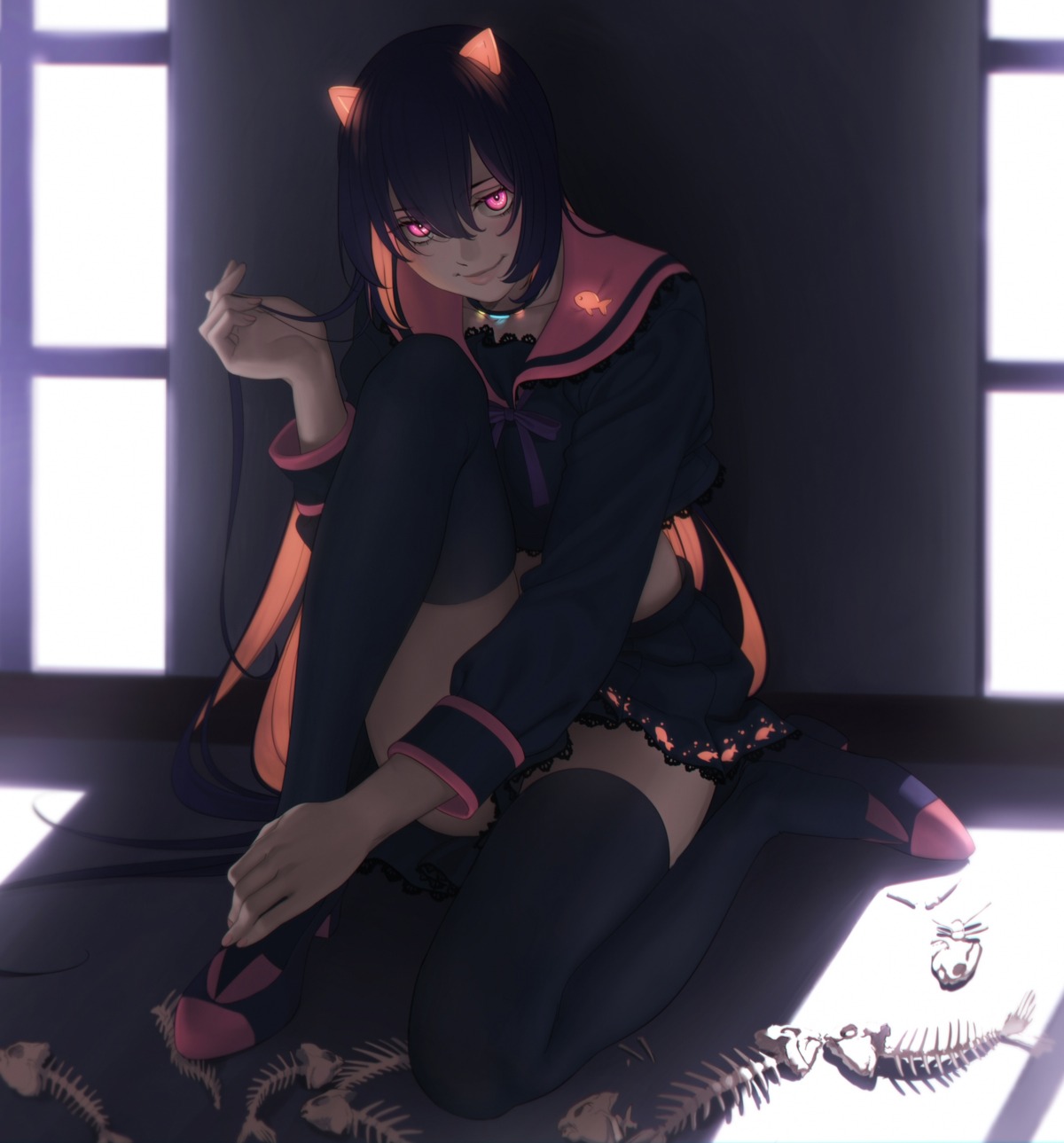 aconitea, animal_ears, heels, nekomimi, seifuku, thighhighs