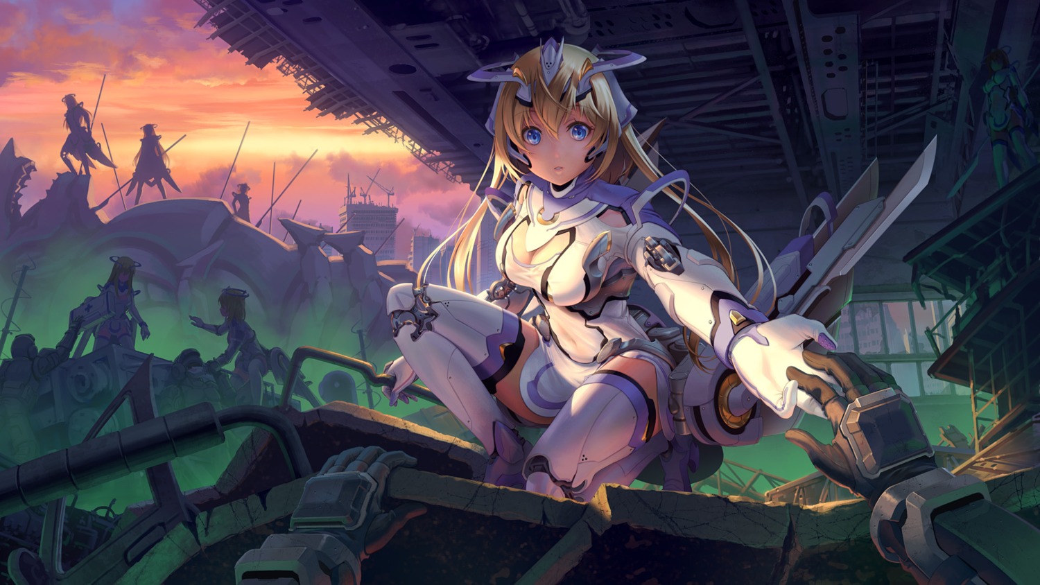 cleavage, heels, mecha_musume, pinakes, thighhighs, wallpaper