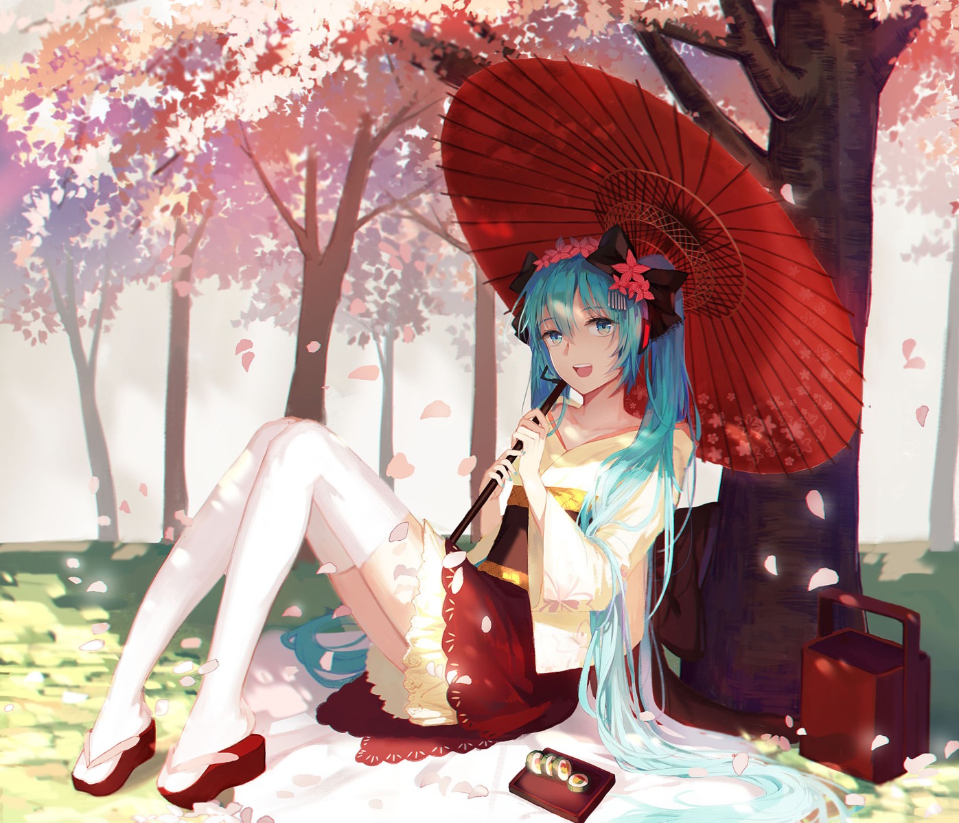 aiko_(kanl), hatsune_miku, japanese_clothes, thighhighs, umbrella, vocaloid