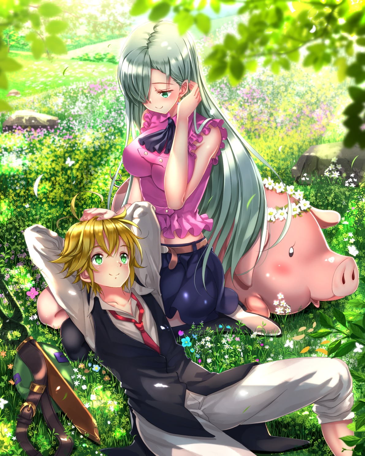 elizabeth_liones, hawk_(nanatsu_no_taizai), meliodas_(nanatsu_no_taizai), nanatsu_no_taizai, swordsouls, thighhighs