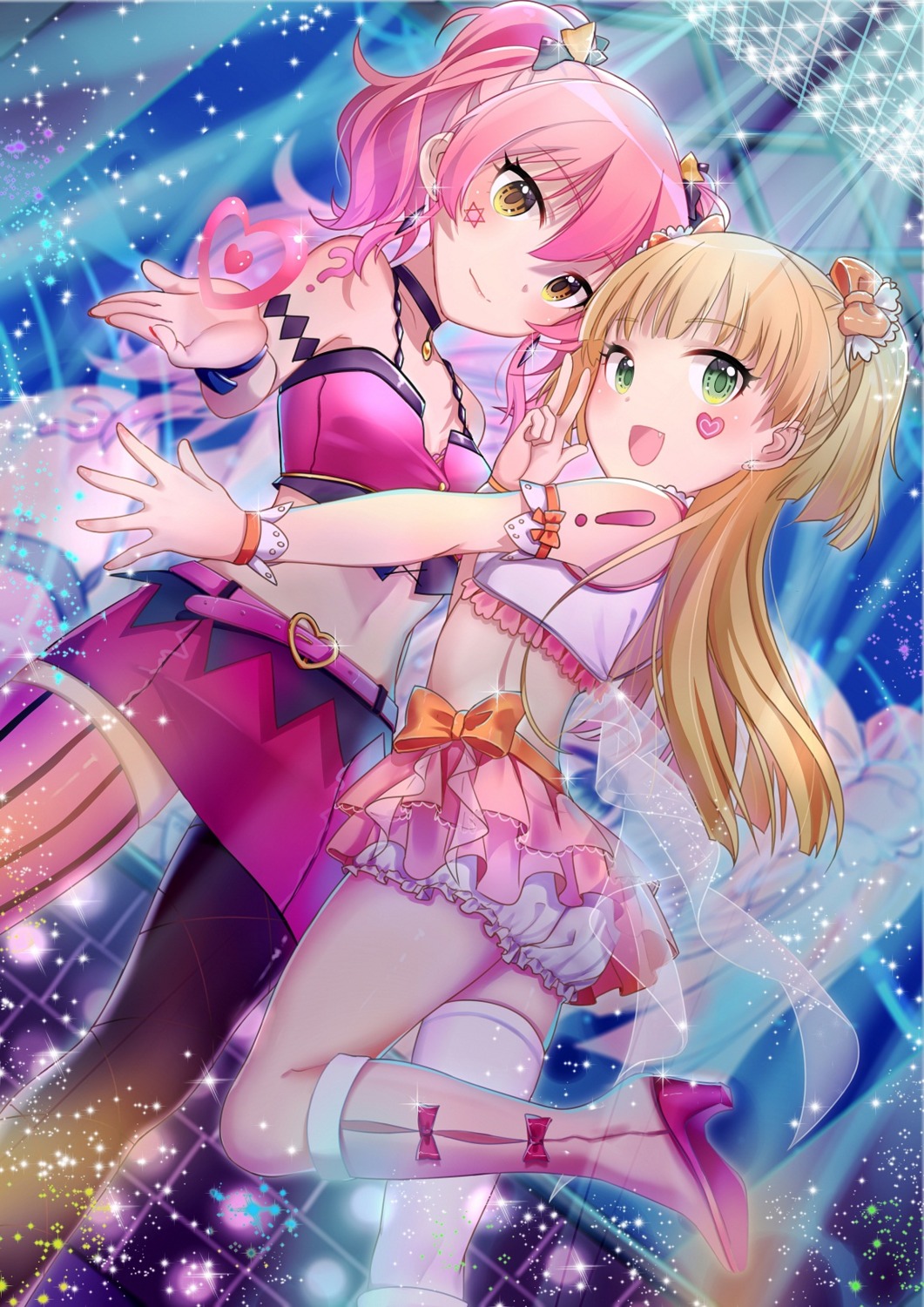 bloomers, heels, jougasaki_mika, jougasaki_rika, tattoo, the_idolm@ster, the_idolm@ster_cinderella_girls, thighhighs, xian_(artist)