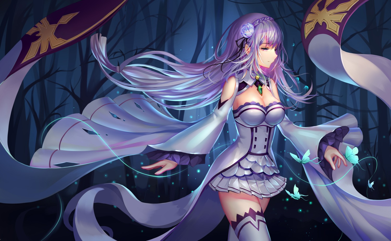 aaeru, cleavage, elf, emilia_(re_zero), pointy_ears, re:zero_kara_hajimeru_isekai_seikatsu, thighhighs