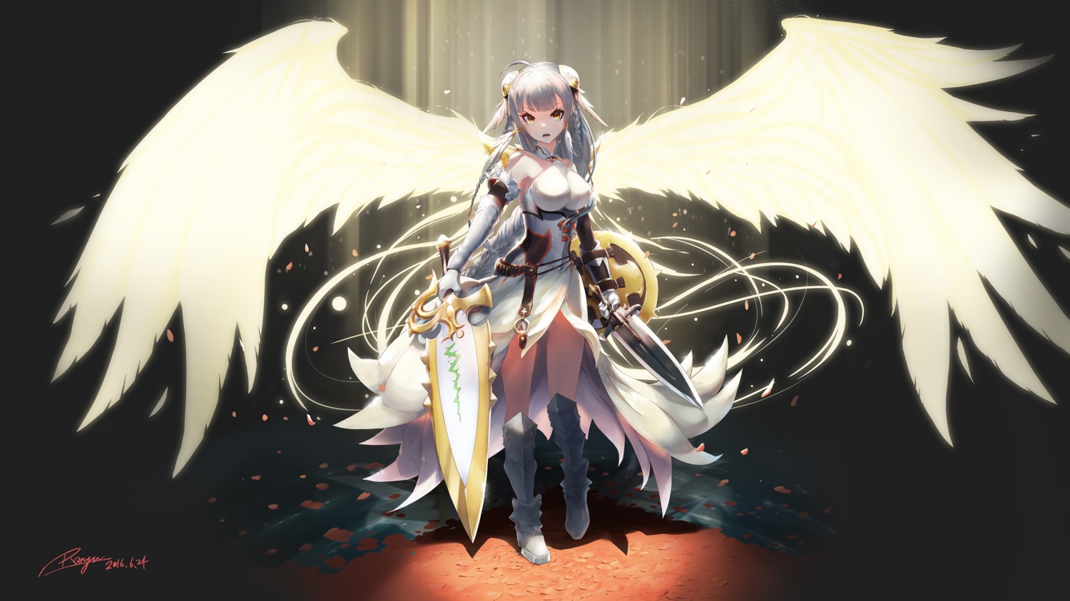 armor, heels, puzzle_&_dragons, ranyu_kuro, sword, valkyrie_(p&d), wings