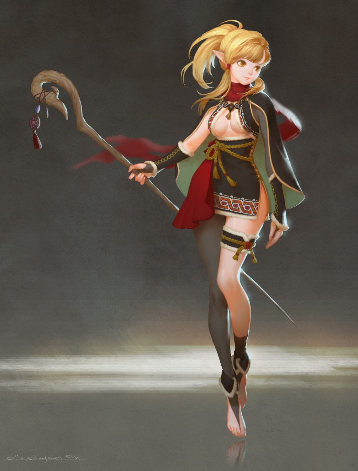 cleavage, dress, garter, lost_elle, no_bra, pointy_ears, weapon
