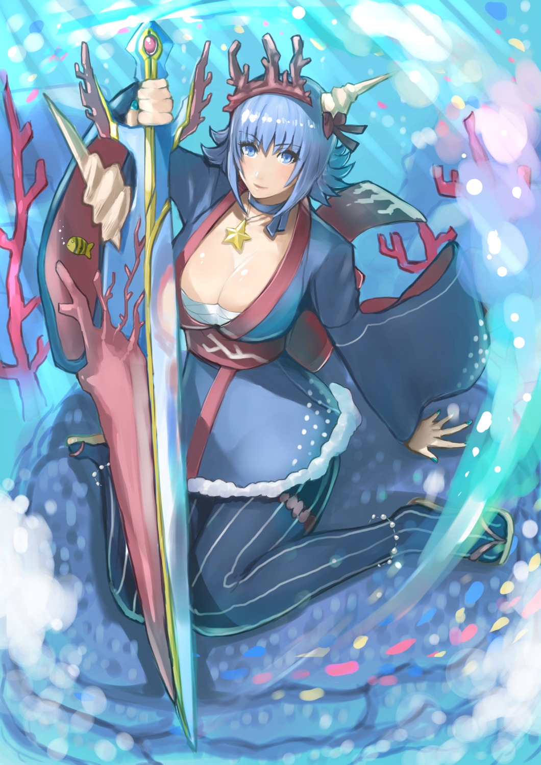 anthropomorphization, cleavage, kyogre, natsu_no_shoka, open_shirt, pantyhose, pokemon, sarashi
