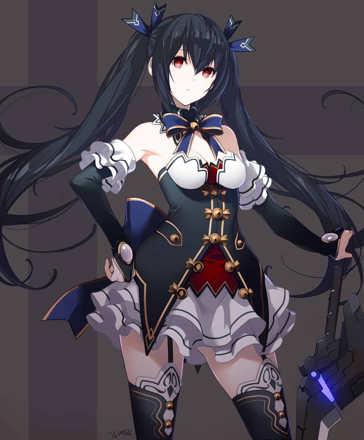 choujigen_game_neptune, cleavage, kagetomo_midori, noire, stockings, sword, thighhighs