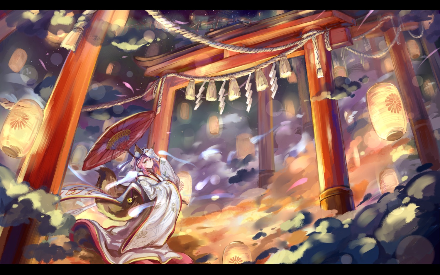 animal_ears, fate/extra, fate/stay_night, inshou, japanese_clothes, kitsune, landscape, tail, tamamo_no_mae, umbrella