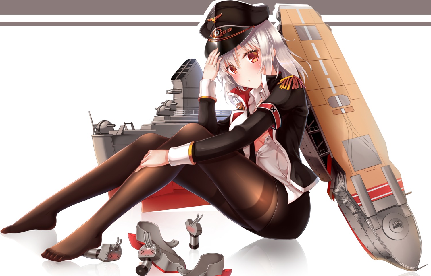 graf_zeppelin_(zhanjianshaonv), no_bra, open_shirt, pantyhose, uniform, zhanjianshaonv, zhou_yu_(van)